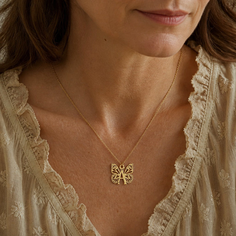 Butterfly Initial Letter Pendant Necklace