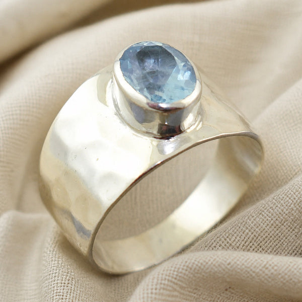 Blue Zirconia Hammered Ring