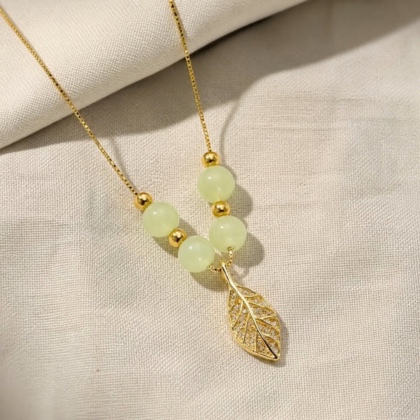 Gold Leaf Jade Bead Necklace