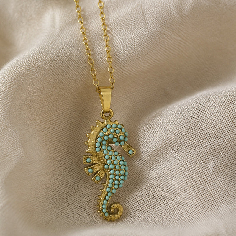 Gold Seahorse Turquoise Pendant Necklace
