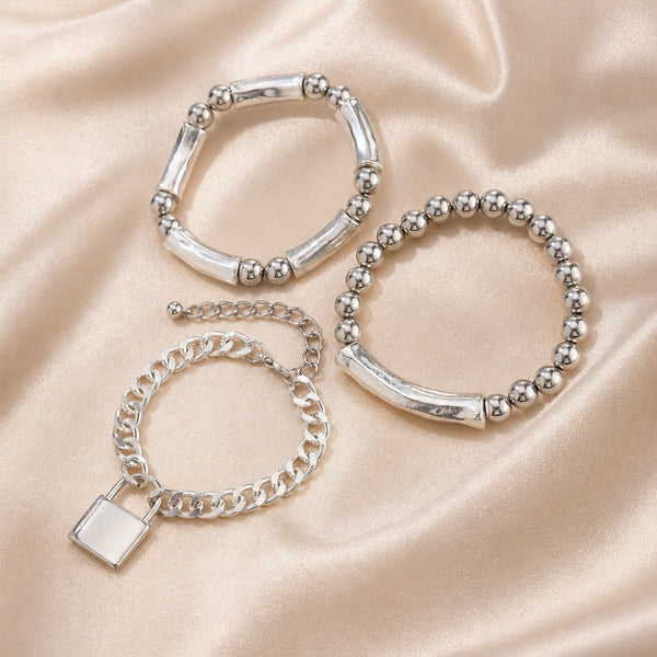 White Gold Beaded Punk Lock Bracelet Set