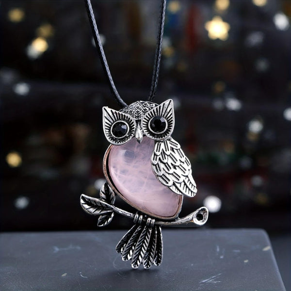 Silver Gemstone Owl Pendant Necklace