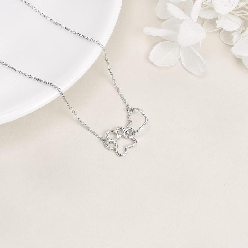 Silver Heart Paw Pendant Necklace