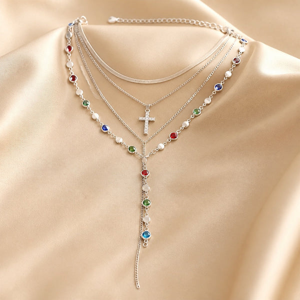 White Gold Colorful Stones Necklace Set