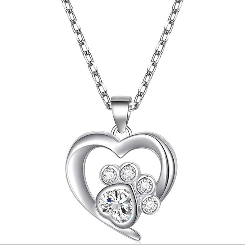 Silver Paw Heart Zirconia Necklace