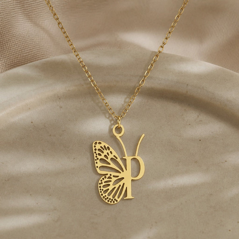Butterfly Initial Letter Pendant Necklace
