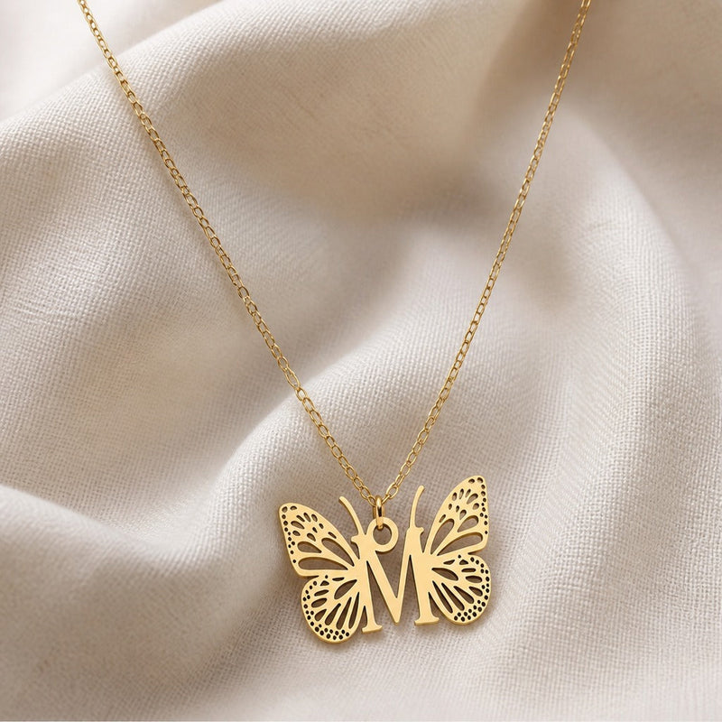 Butterfly Initial Letter Pendant Necklace