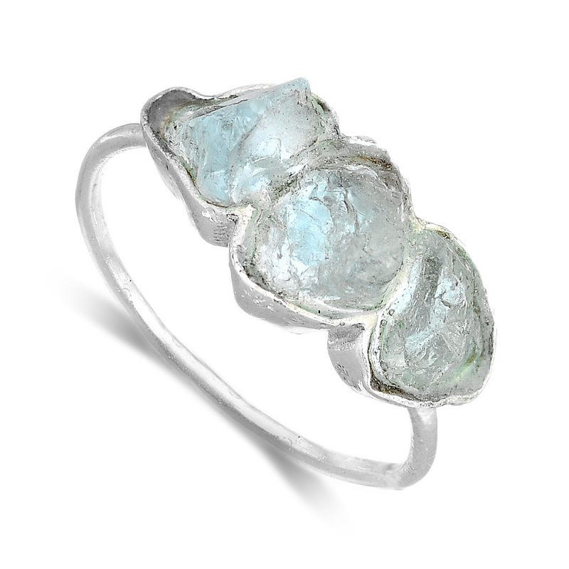 Three Stone Raw Aquamarine Ring