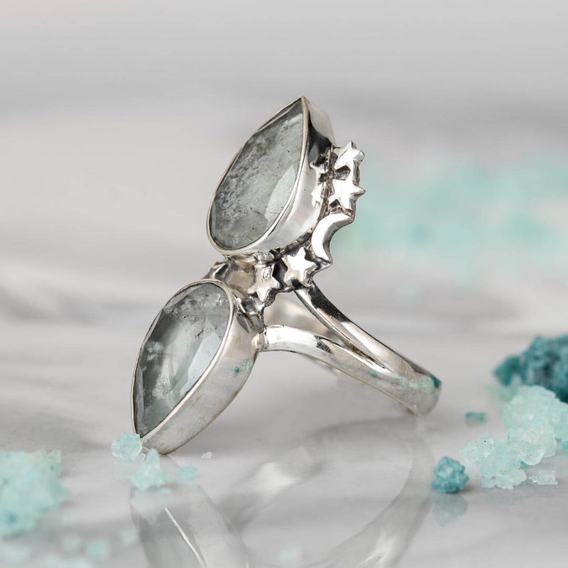 Teardrop Aquamarine Stars Moon Ring
