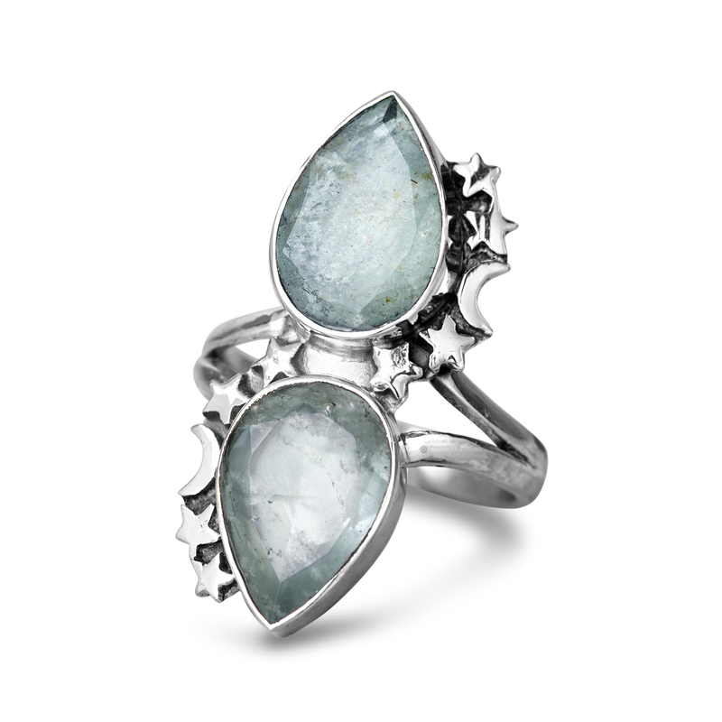 Teardrop Aquamarine Stars Moon Ring