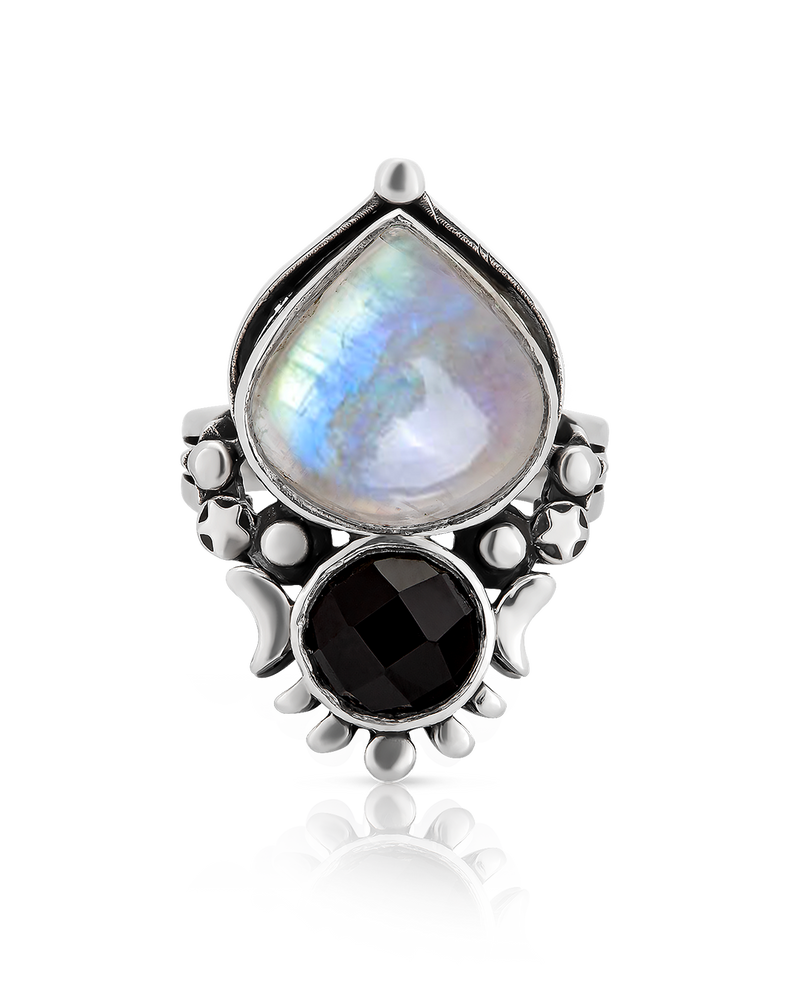 Moonstone and Onyx Celestial Ring