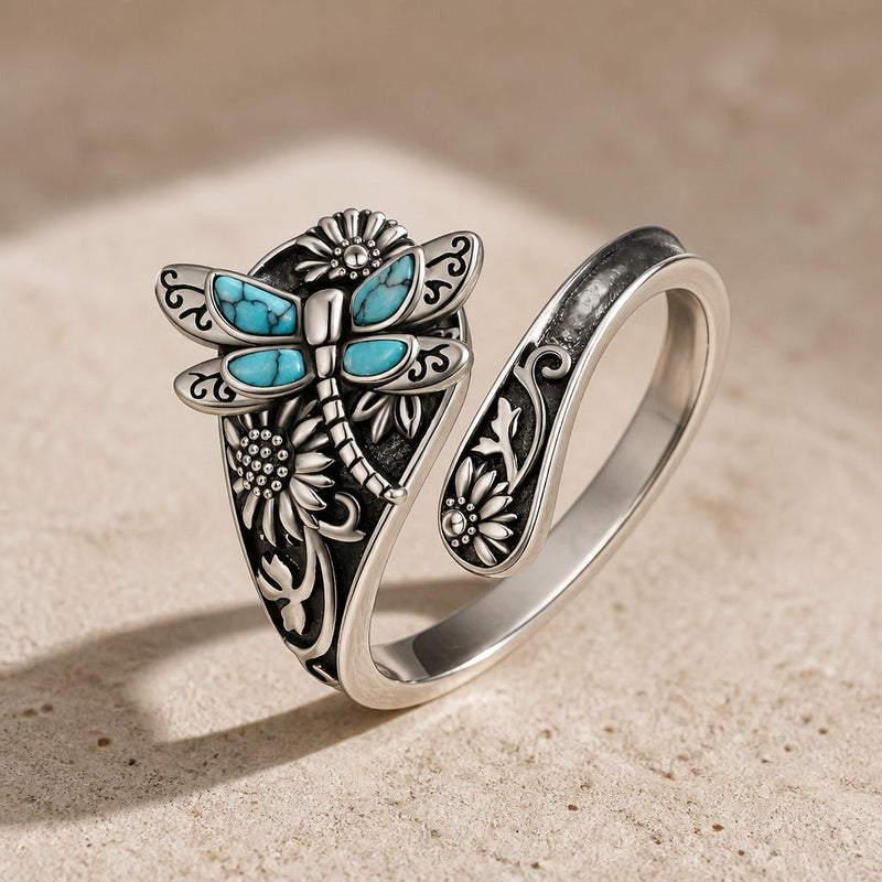 Dragonfly & Flower Engraved Silver Ring