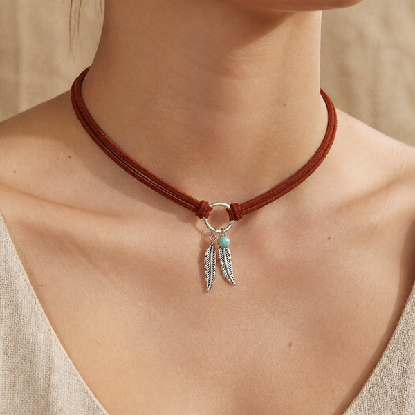 Feather & Bead Pendant Choker Necklace