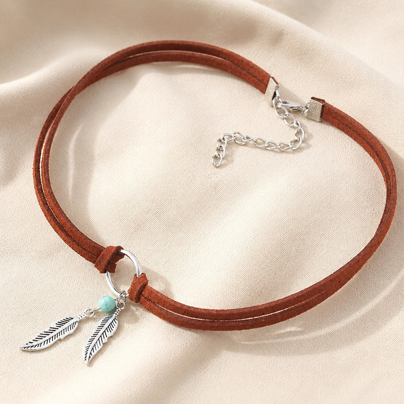 Feather & Bead Pendant Choker Necklace
