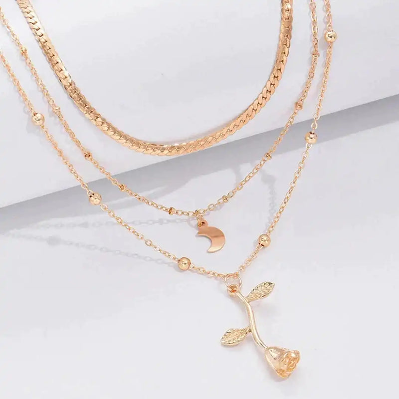 Gold Rose Moon Pendant Necklace Set