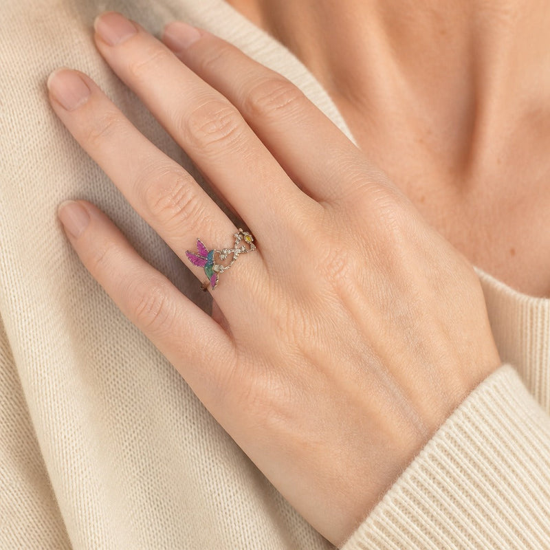 Hummingbird Floral Eternity Silver Ring