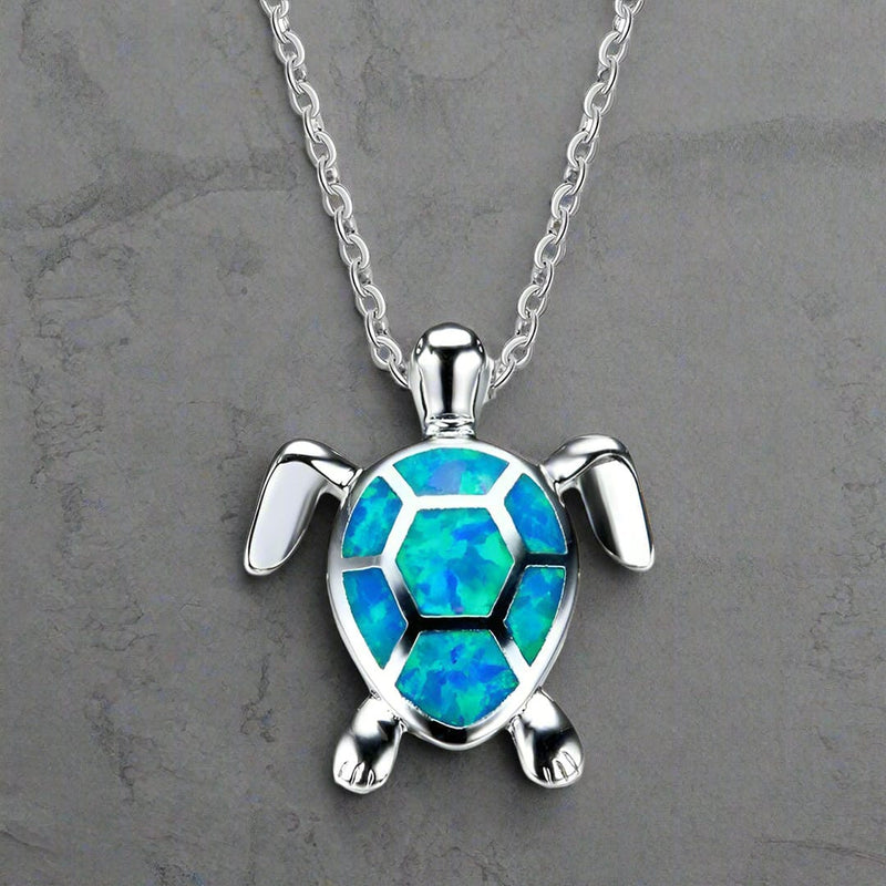 Silver Necklace with Blue Opal Turtle Charm