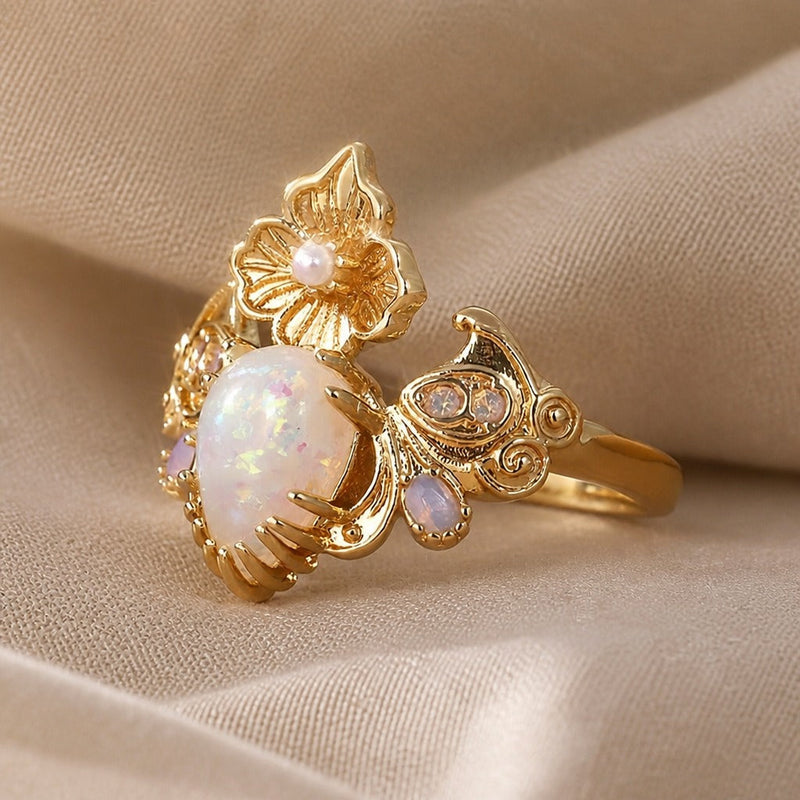 Vintage Carved Flower Opal Ring