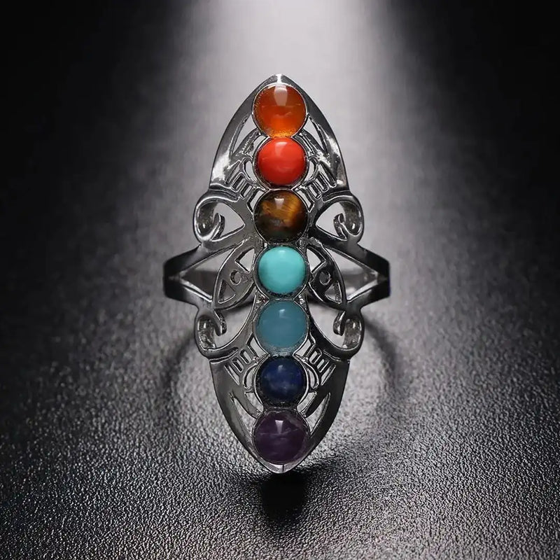 Chakra Seven Stone Adjustable Silver Ring
