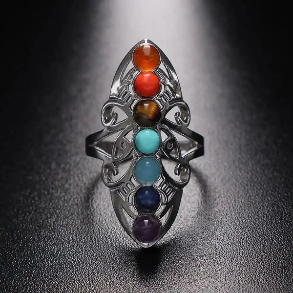 Chakra Seven Stone Adjustable Silver Ring