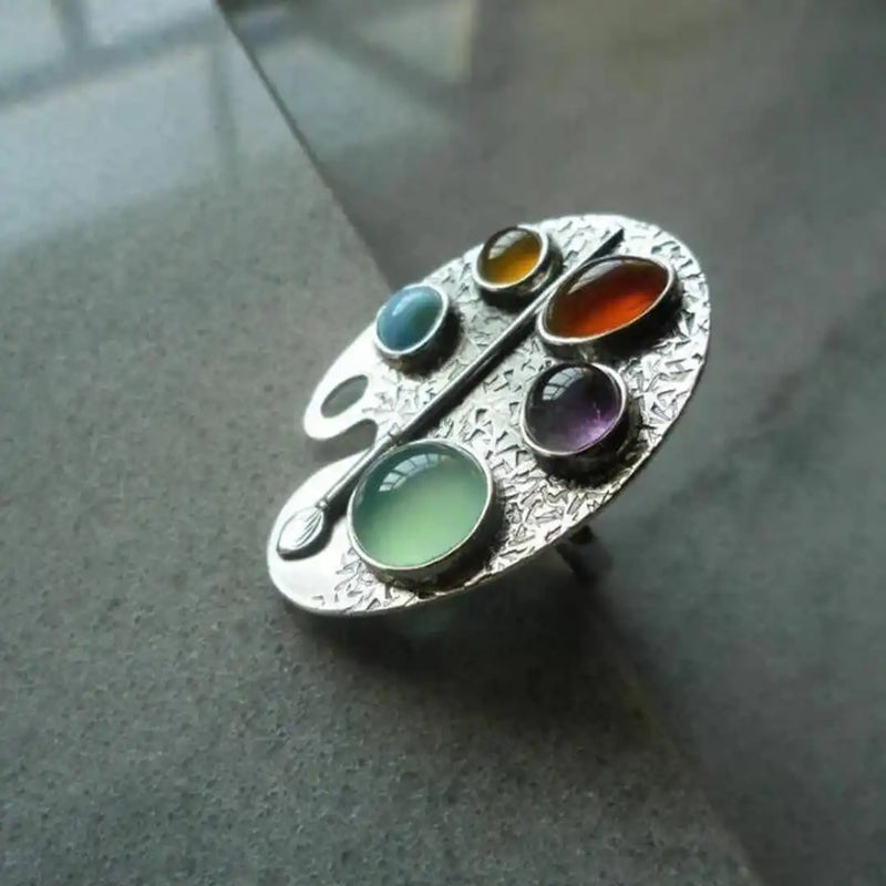 Artist Palette Multicolor Gemstone Adjustable Ring