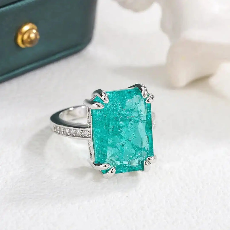 Exquisite Blue Green Moissanite Ring