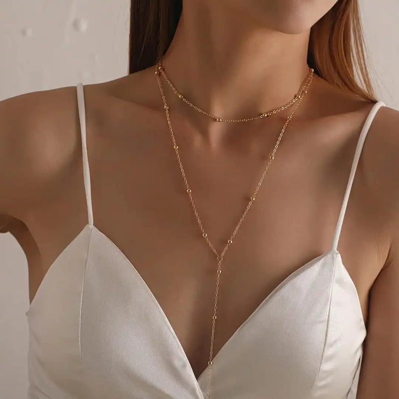 Gold Double Layered Long Tassel Beads Necklace