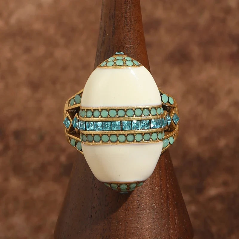 White Enamel Opal Ring