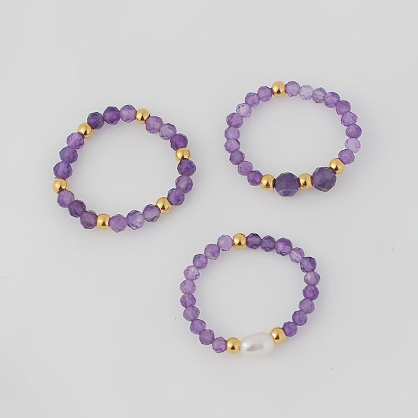 3pcs Set Amethyst Beaded Rings