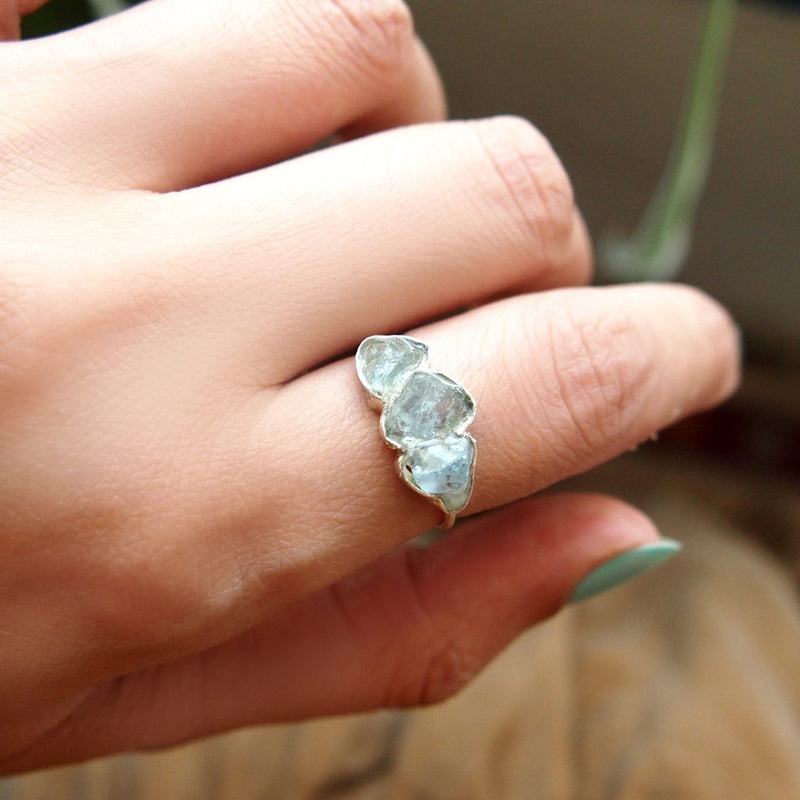 Three Stone Raw Aquamarine Ring
