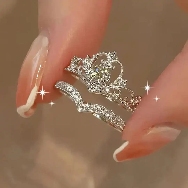 Shiny Crown Silver Ring Set