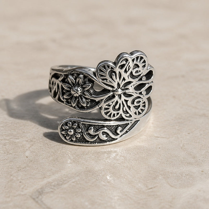 Floral Butterfly Adjustable Silver Ring