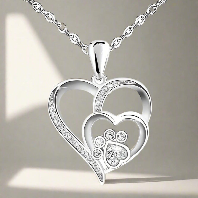Silver Paw Heart Zirconia Necklace