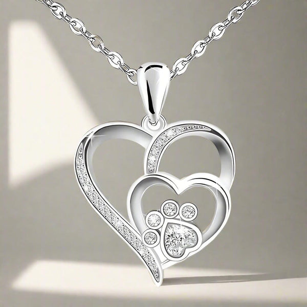 Silver Paw Heart Zirconia Necklace