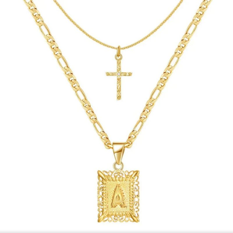 Cross Initial Necklace Set