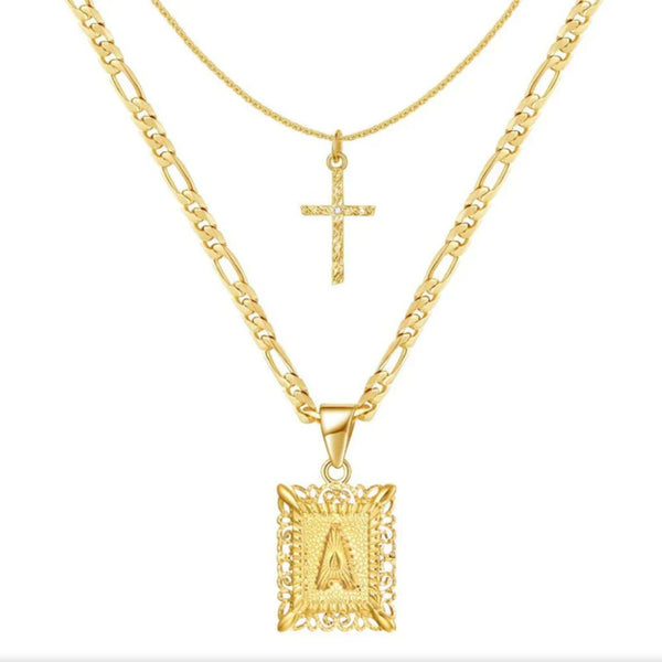 Cross Initial Necklace Set