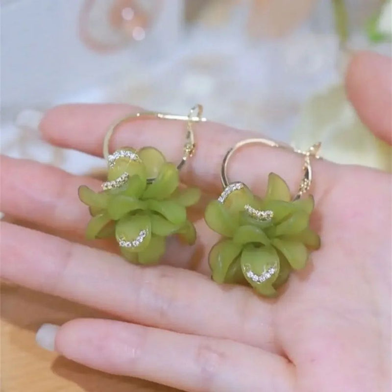 Green Magnolia Flower Earrings