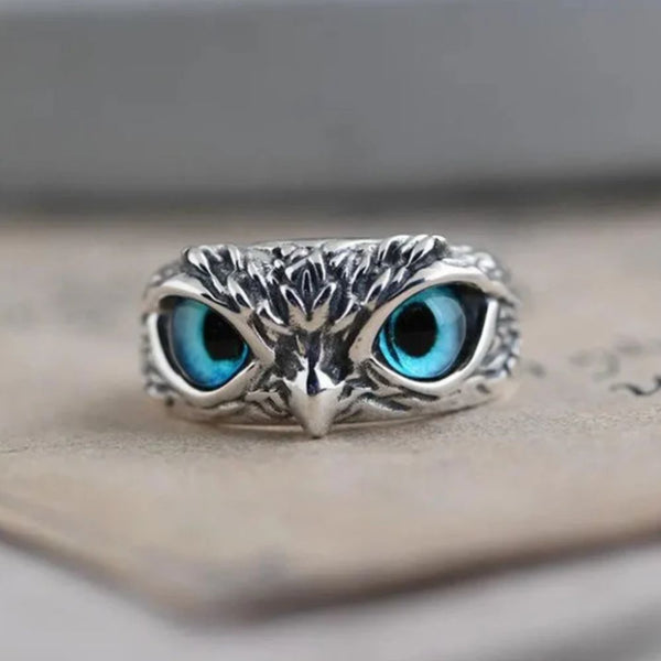 Owl of Good Luck Adjustable Ring in Silver and Opal